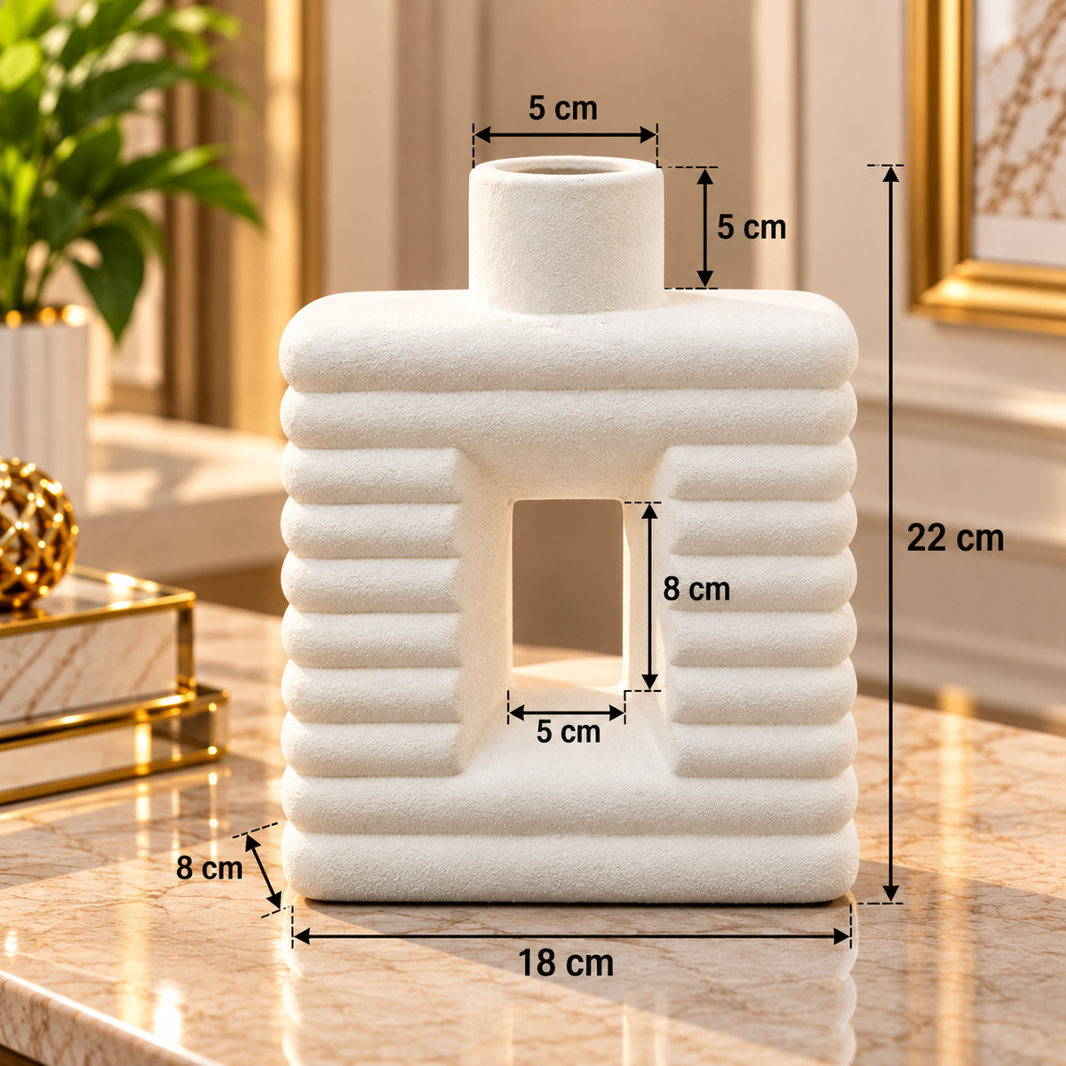 WHITE RIBBED OPEN CENTER DECORATIVE VASE - LARGE