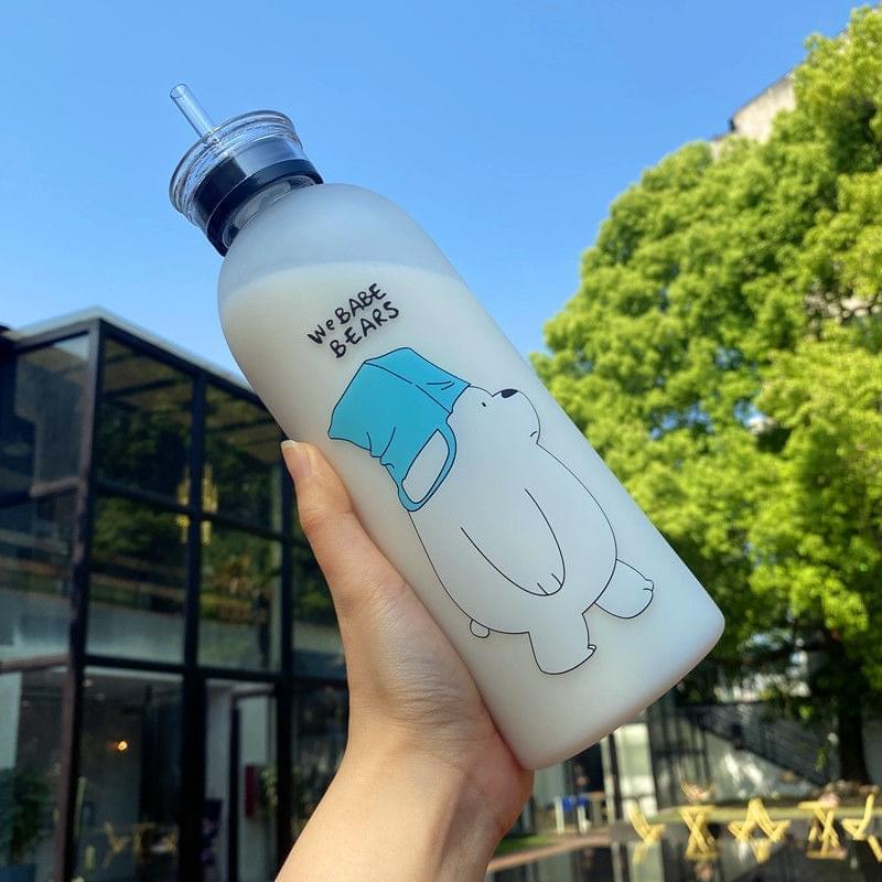 2IN1 DRINKING "WE BABE BEARS" FROSTED WATER BOTTLE WITH 2 CAPS & STRAW 1000ML