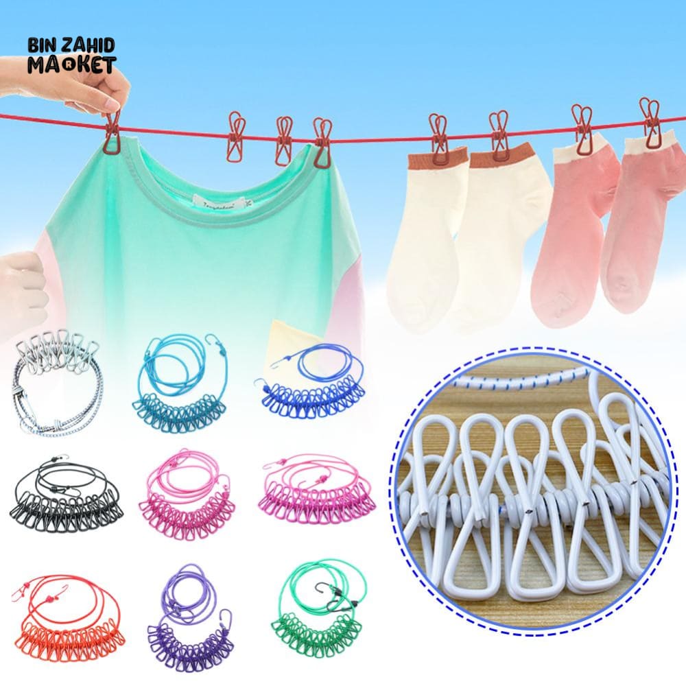 12 CLIPS DRYING CLOTHES ROPE