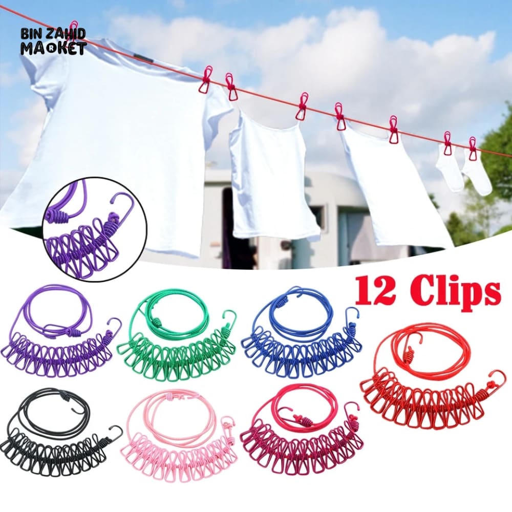 12 CLIPS DRYING CLOTHES ROPE