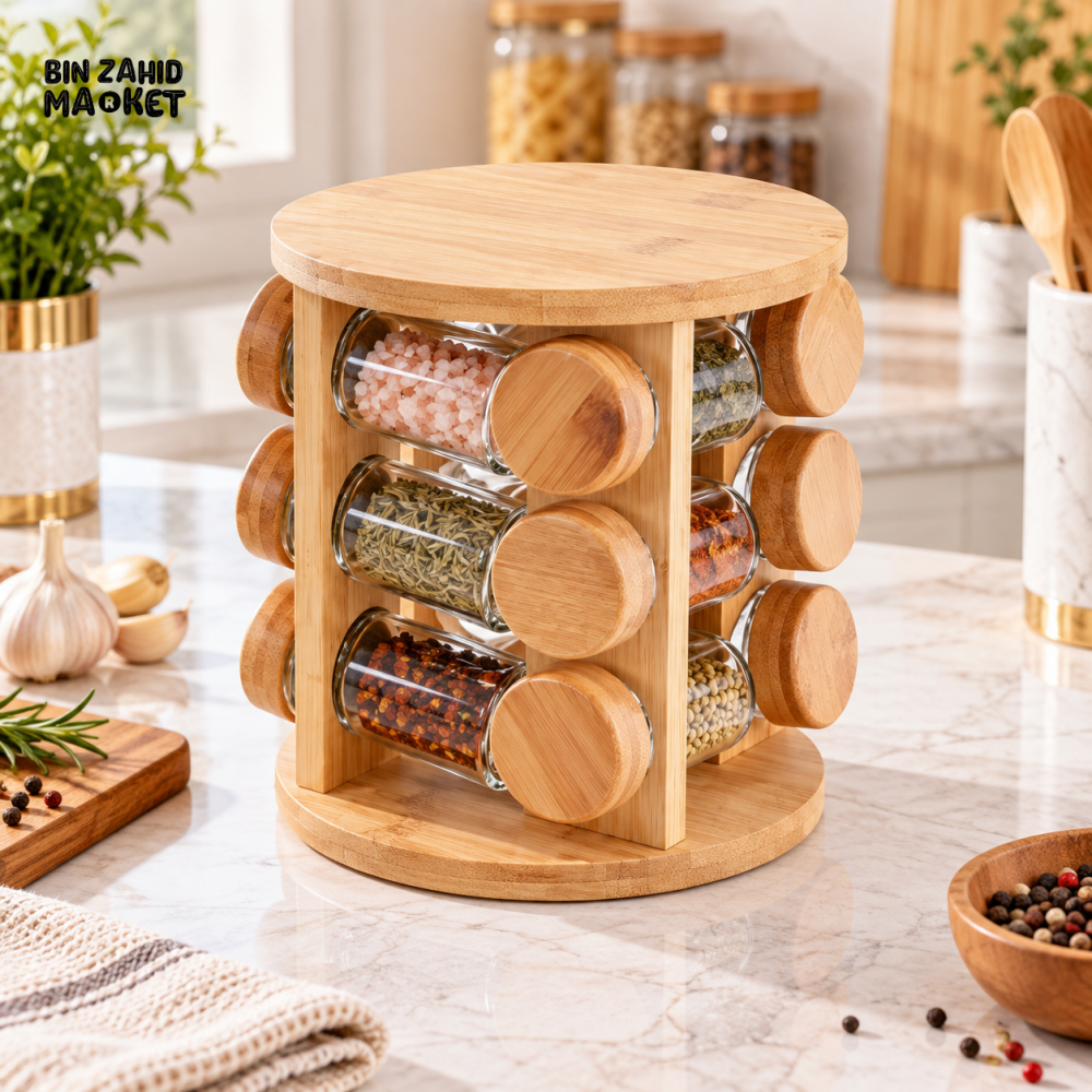 12 JAR BAMBOO ROTATING SPICE RACK ORGANIZER SET