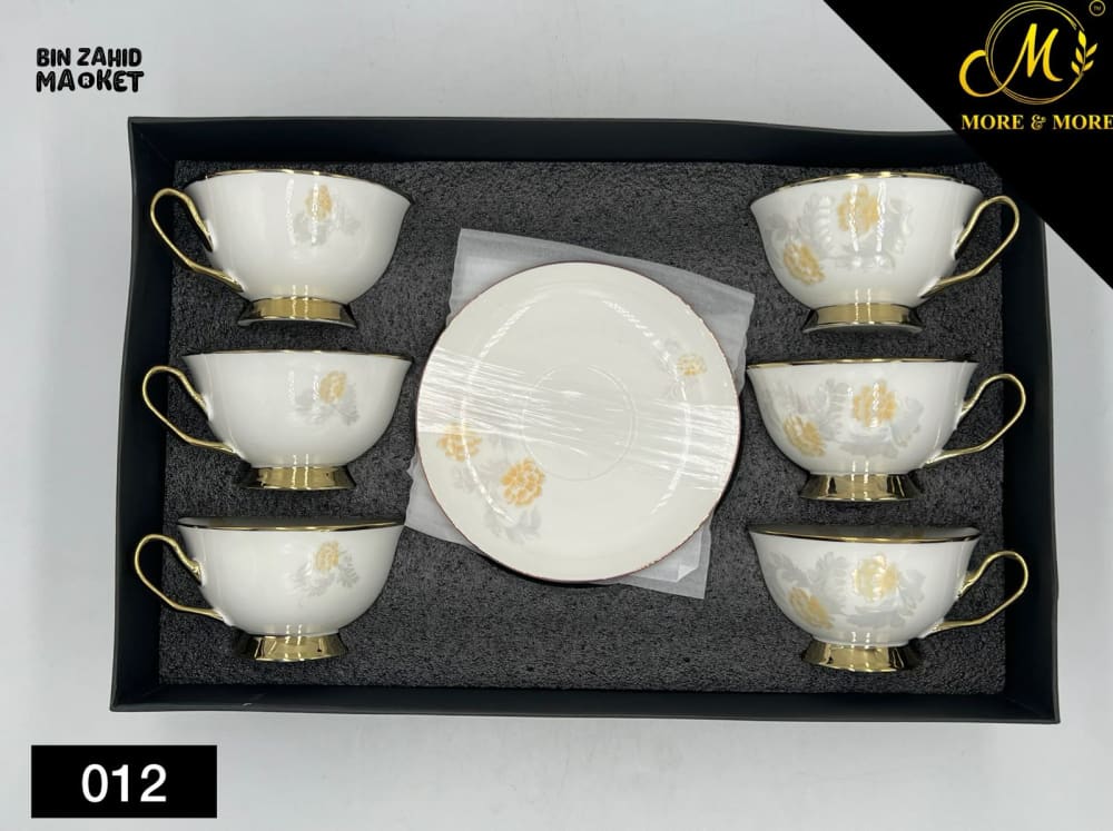 12-PIECE LUXURY BONE CHINA TEA CUP & SAUCER SET – PREMIUM FLORAL DESIGN WITH GOLDEN ACCENTS