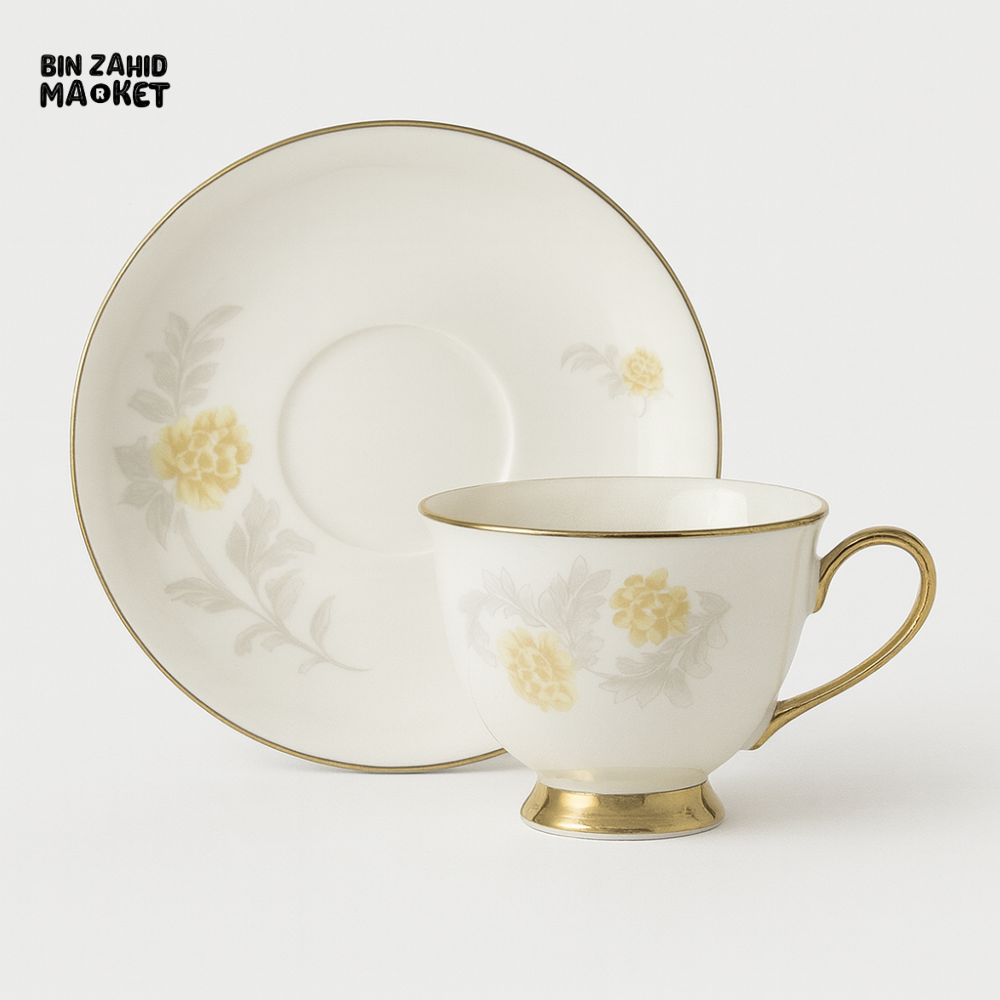 12-PIECE LUXURY BONE CHINA TEA CUP & SAUCER SET – PREMIUM FLORAL DESIGN WITH GOLDEN ACCENTS