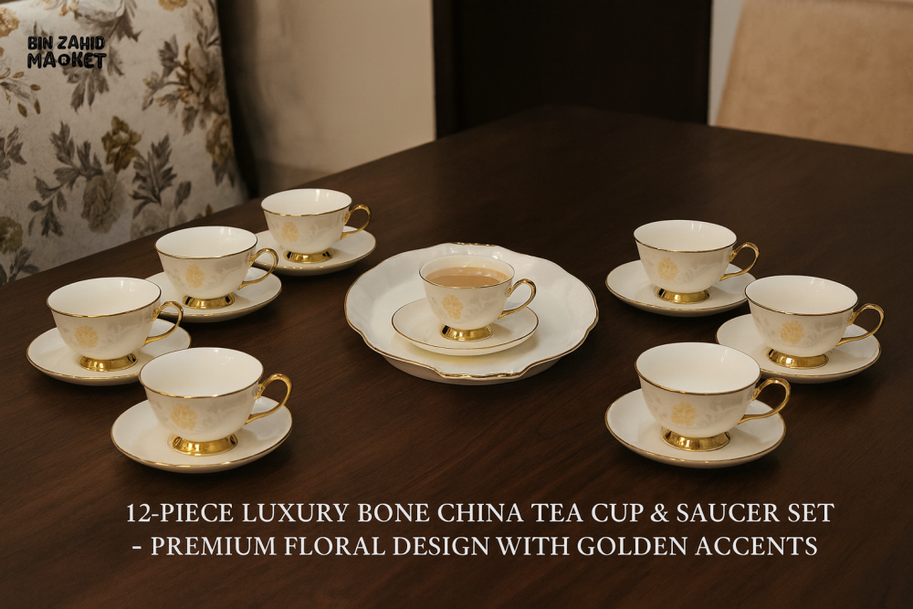 12-PIECE LUXURY BONE CHINA TEA CUP & SAUCER SET – PREMIUM FLORAL DESIGN WITH GOLDEN ACCENTS