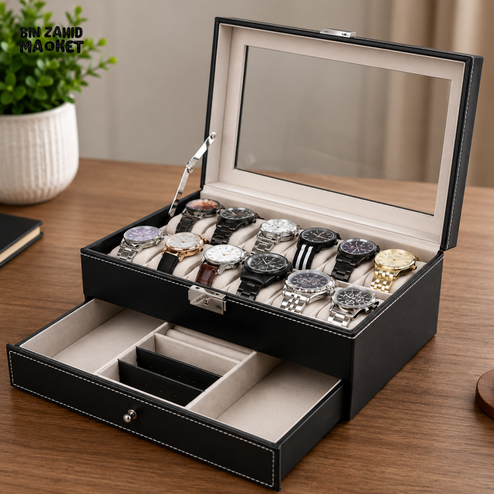 12-SLOT DOUBLE-LAYER LEATHER WATCH & ACCESSORY ORGANIZER BOX