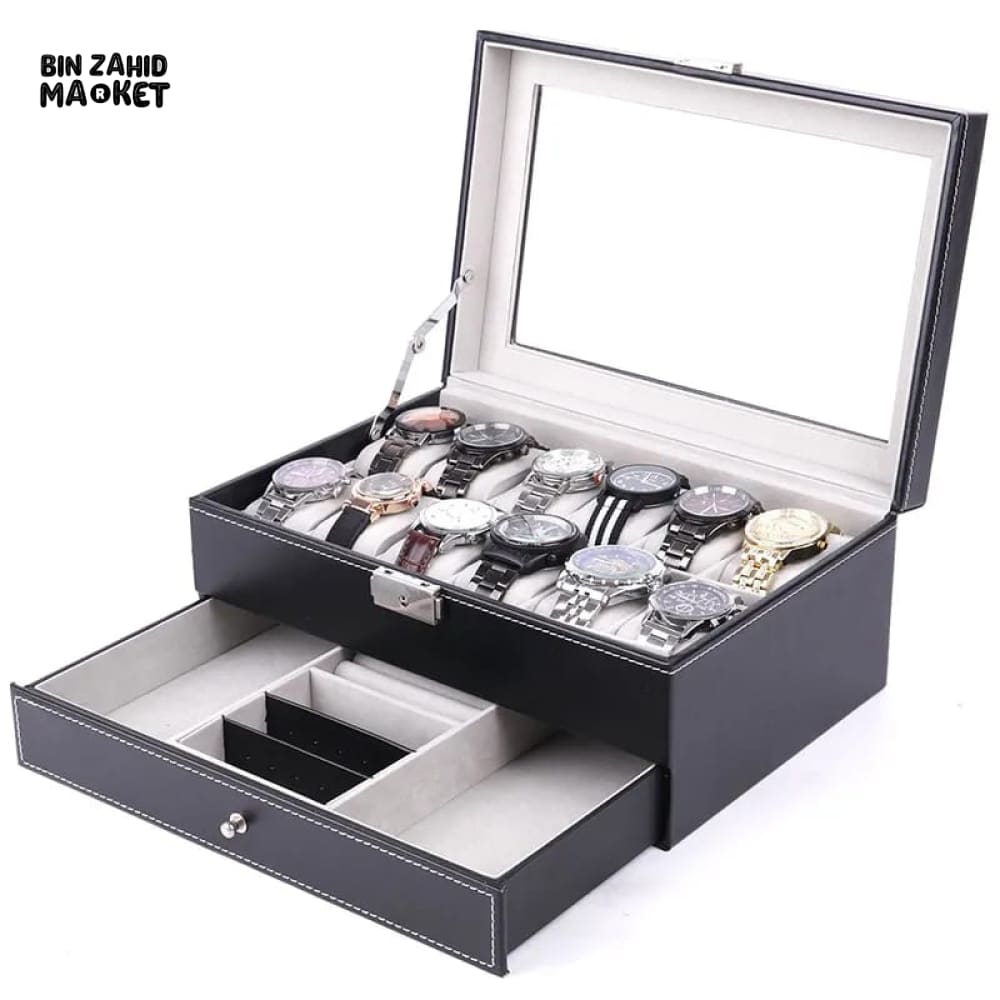 12X SLOTS DOUBLE LAYERS LEATHER WATCH STORAGE BOX