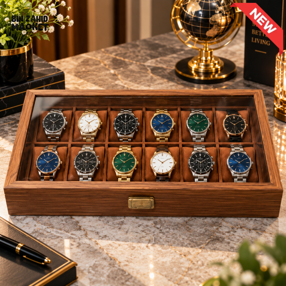12-SLOT PREMIUM WOODEN WATCH STORAGE & DISPLAY BOX WITH GLASS LID