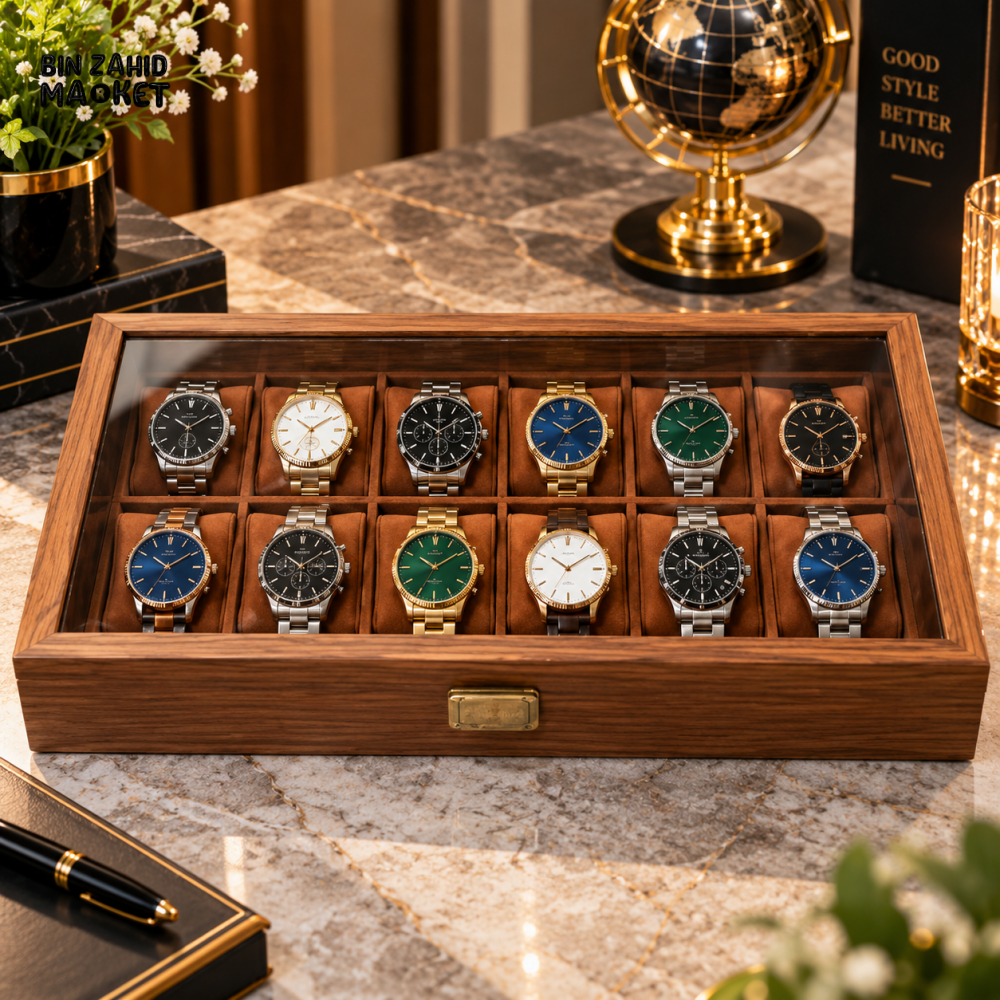 12-SLOT PREMIUM WOODEN WATCH STORAGE & DISPLAY BOX WITH GLASS LID