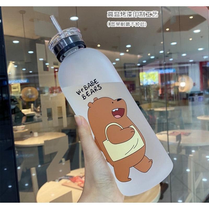 2IN1 DRINKING "WE BABE BEARS" FROSTED WATER BOTTLE WITH 2 CAPS & STRAW 1000ML