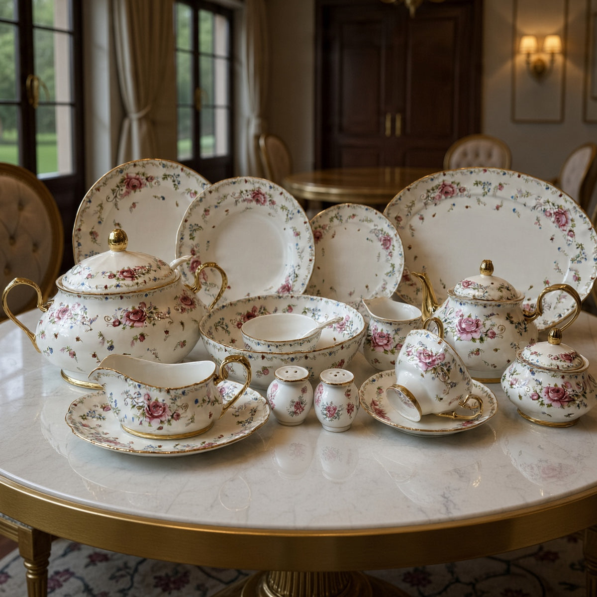 Royal Albert Inspired Pinky Rose Bone China Dinner Set – 75 Pieces, 8 Persons