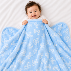 HAPPIMUMS BABY PLUSH SLEEPING BLANKET DOUBLE PLY SWEET RIBBON 110 x 80 - BLUE