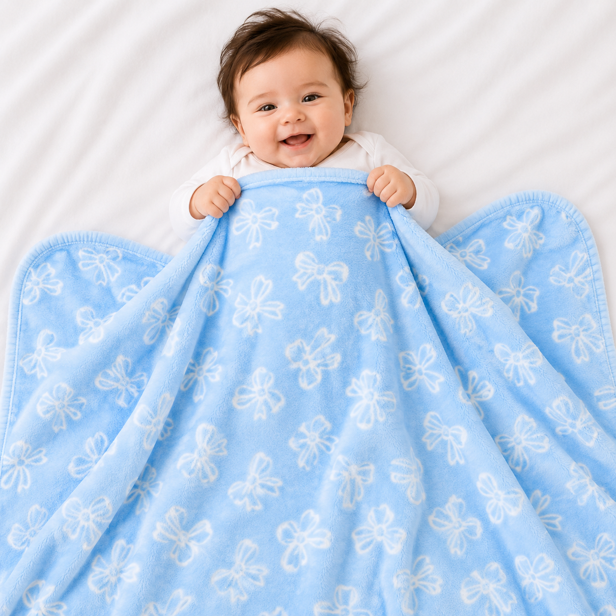 HAPPIMUMS BABY PLUSH SLEEPING BLANKET DOUBLE PLY SWEET RIBBON 110 x 80 - BLUE