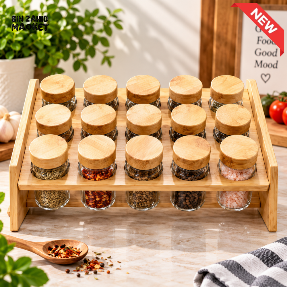 15-PIECE GLASS SPICE JAR SET WITH BAMBOO LIDS & BAMBOO STORAGE RACK