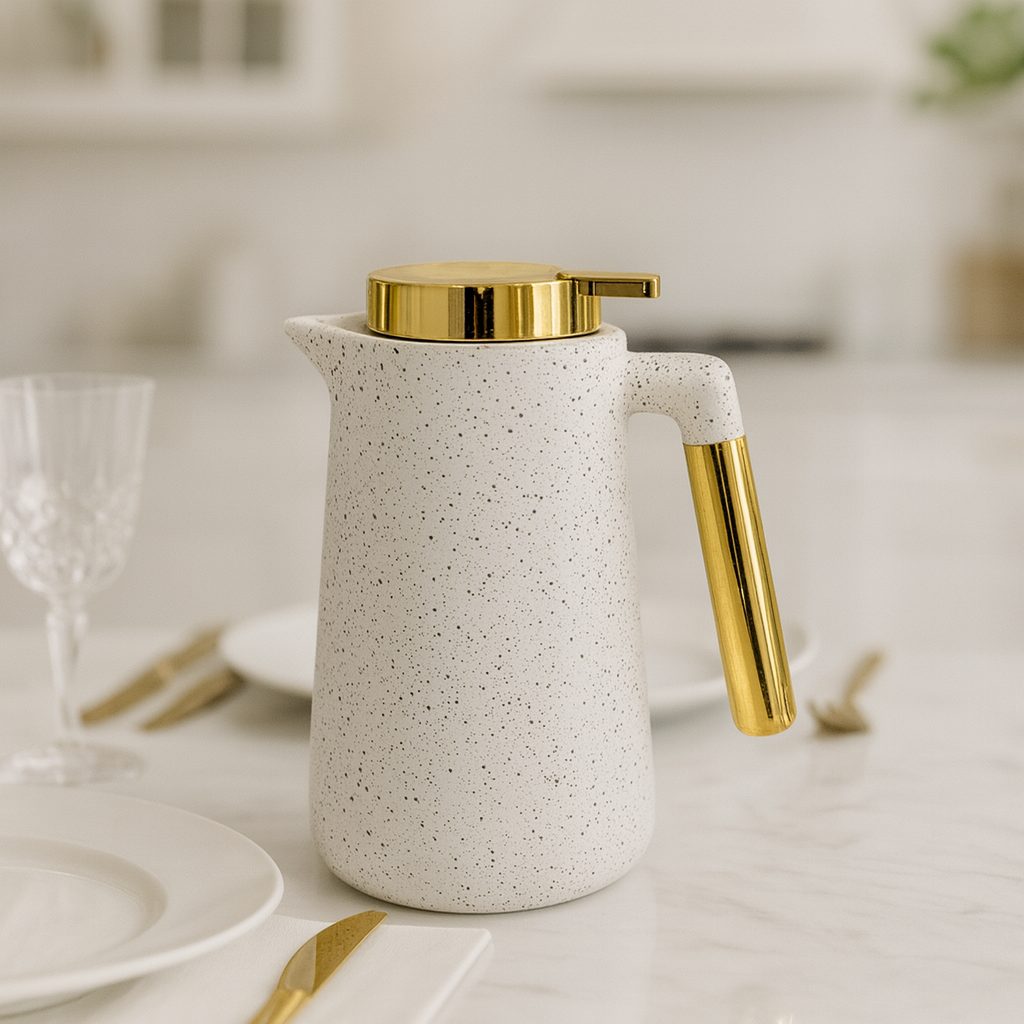 VACUUM FLASK CARAFE 1 LITRE– WHITE STONE TEXTURE GOLD ACCENTS
