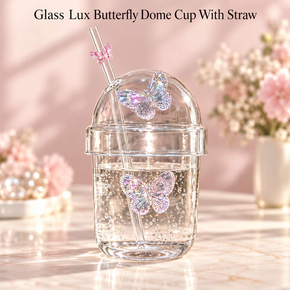 Glasslux Butterfly Dome Cup With Straw - Pink / 400 ml