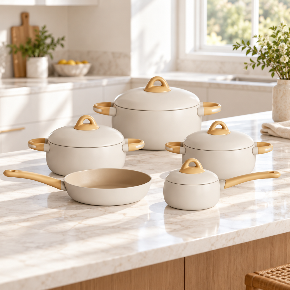 Ucclife Aluminum Non Stick Cookware Set 9 Piece - Cream