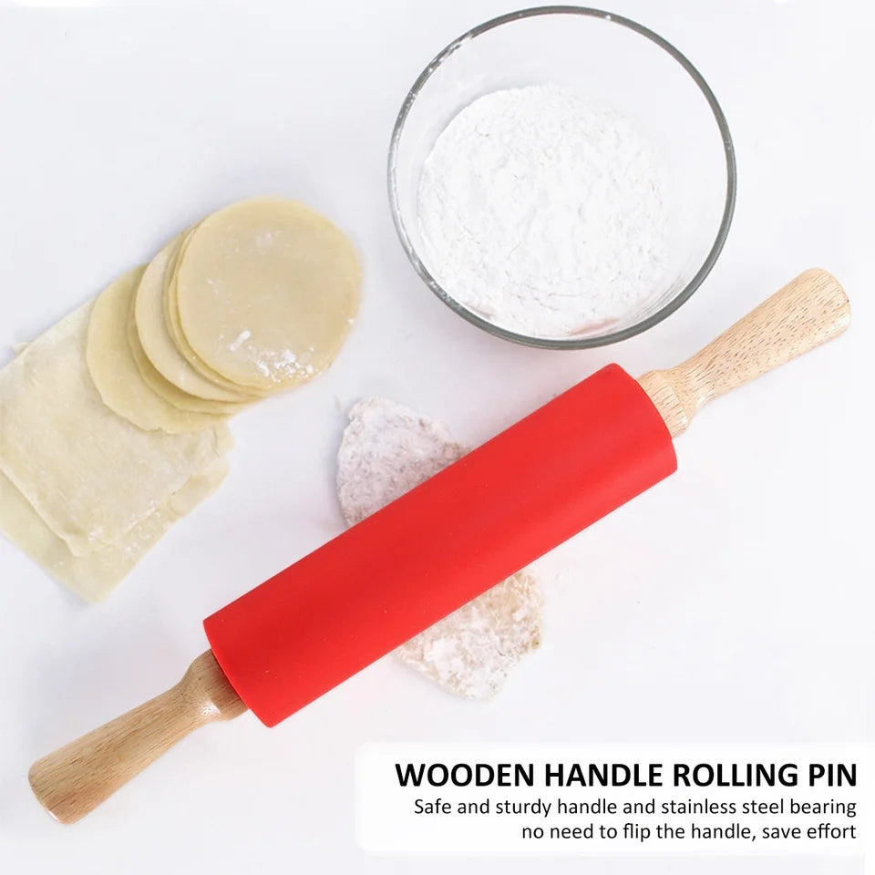 SILICONE WOODEN HANDLE ROLLING PIN