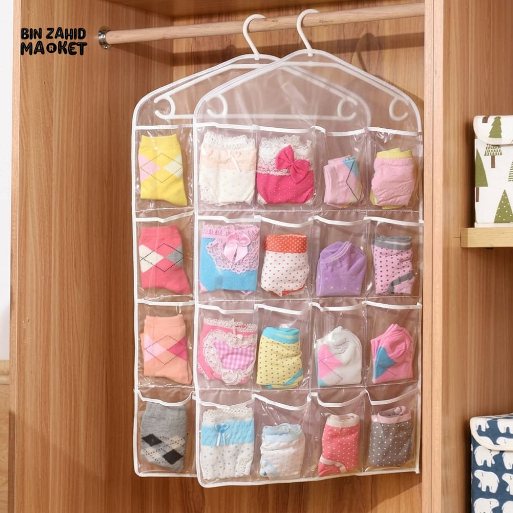 16 POCKETS TRANSPARENT HANGING CLOSET ORGANIZER FOR SOCKS AND UNDERGARMENTS