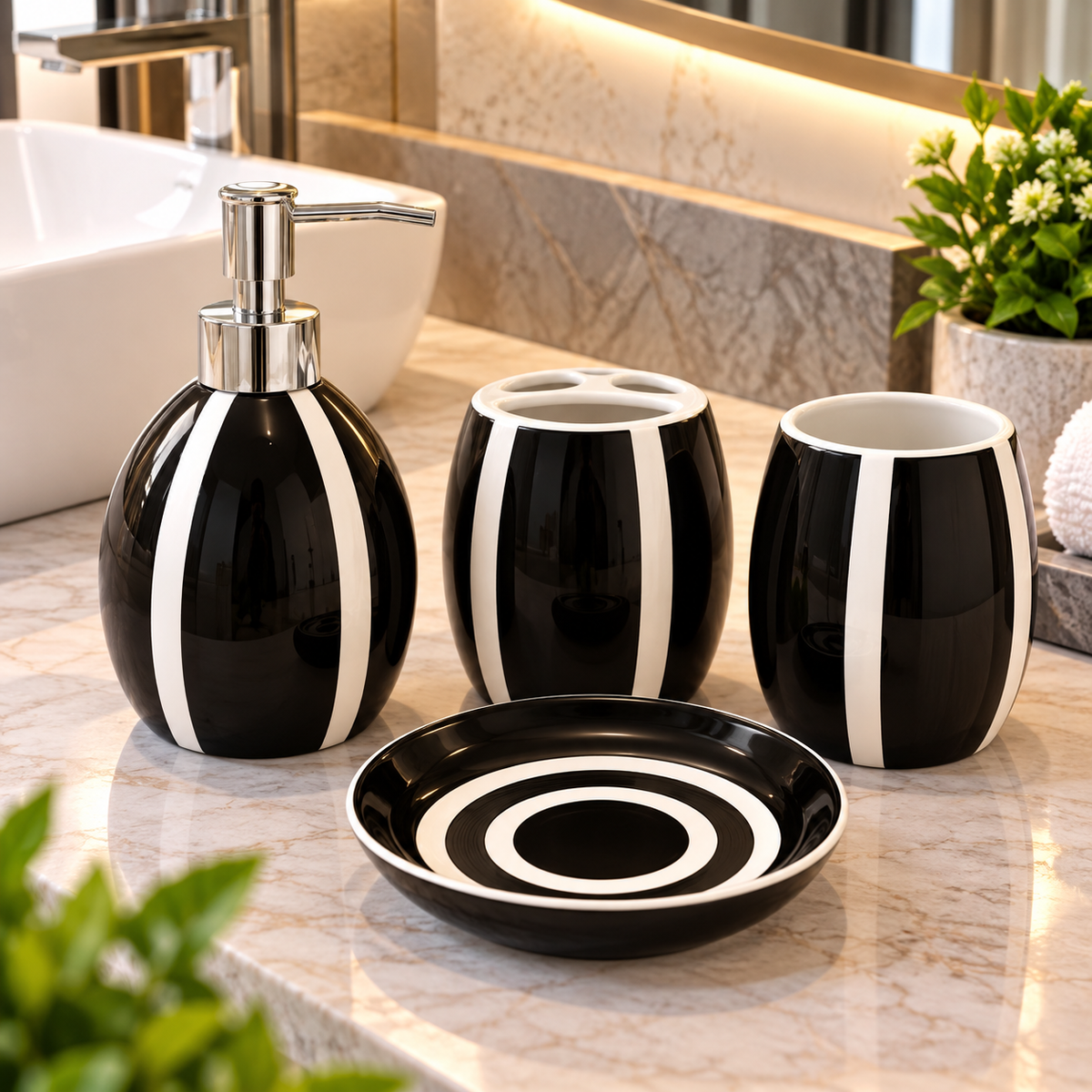 Black & White Striped Ceramic Bathroom Accessory Set