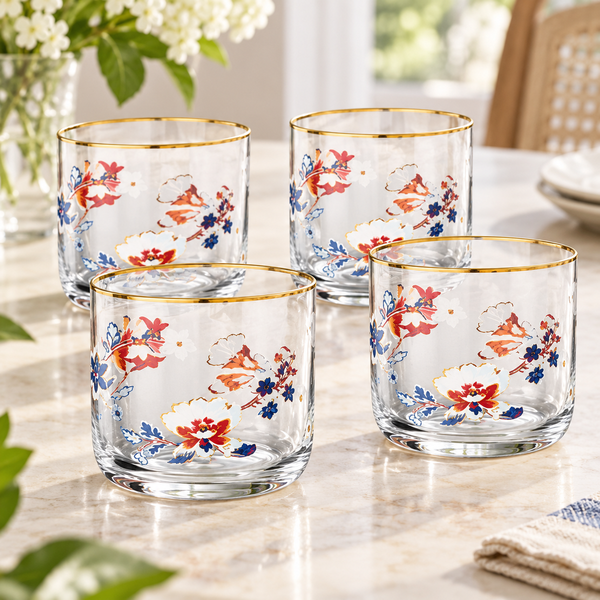 Danny Home 4 Piece Floral Gold Rim Tumbler Set - 340 ml