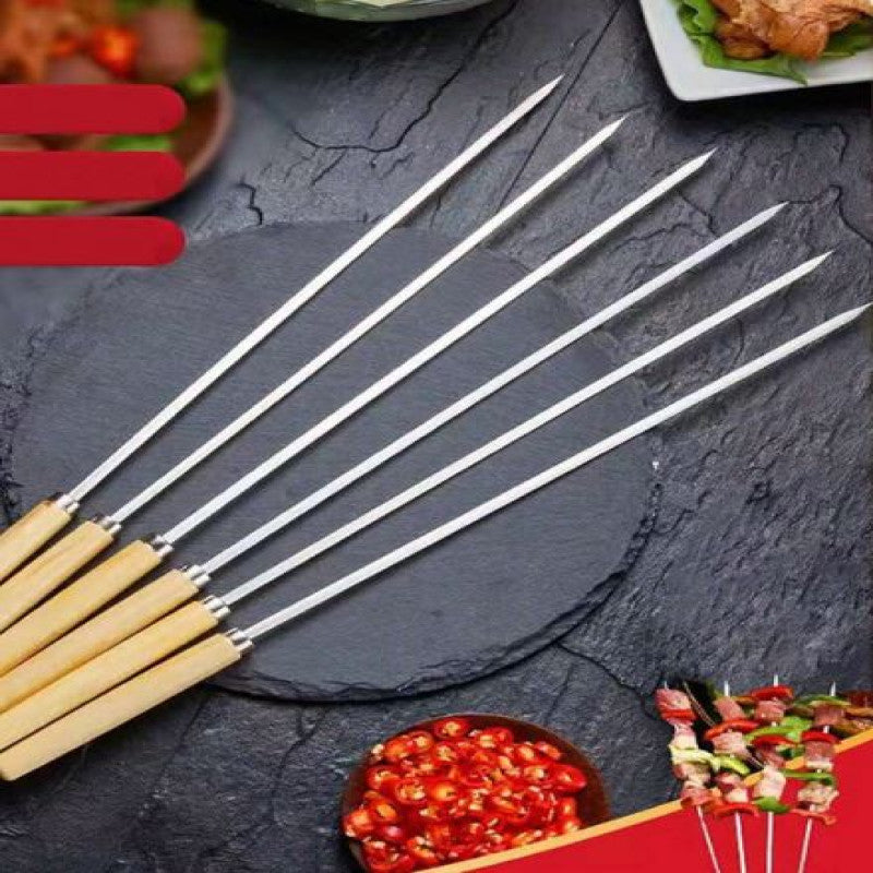 REUSABLE FLAT BBQ SKEWERS SET WITH WOODEN HANDLE  29CM PACK OF 6
