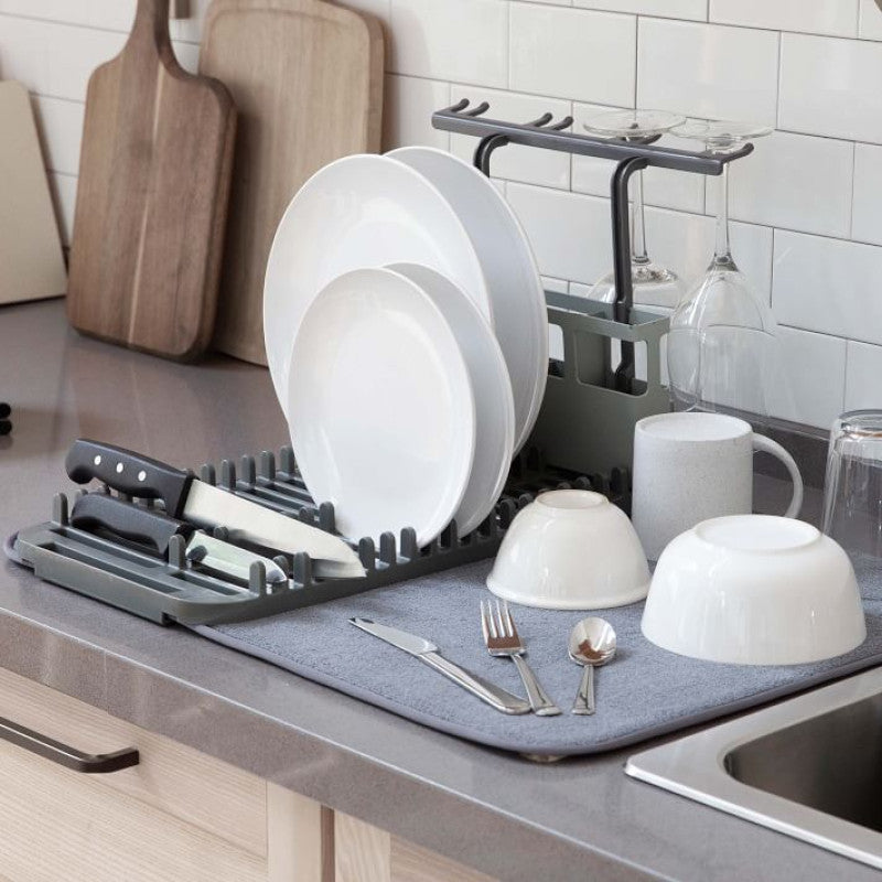 MODERN DISH DRYING RACK WITH MICROFIBRE MAT