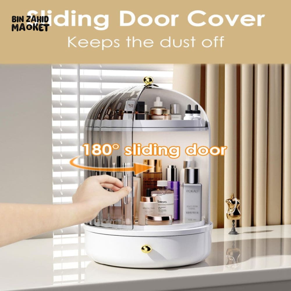 LUXORMOVE ROTATING MAKEUP STORAGE ORGANIZER WITH COVER & DRAWER LARGE SKINCARE COSMETICS HOLDER