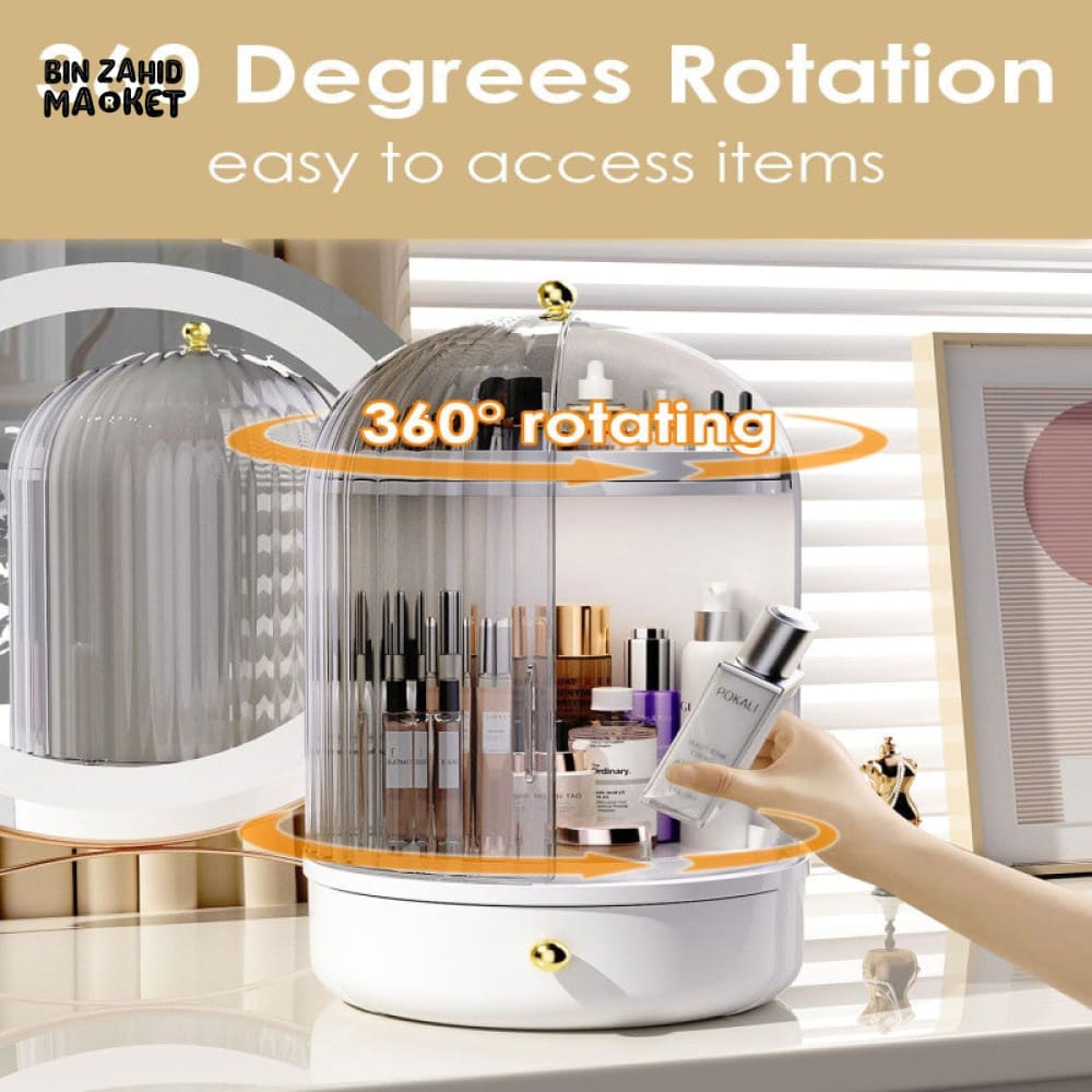 LUXORMOVE ROTATING MAKEUP STORAGE ORGANIZER WITH COVER & DRAWER LARGE SKINCARE COSMETICS HOLDER