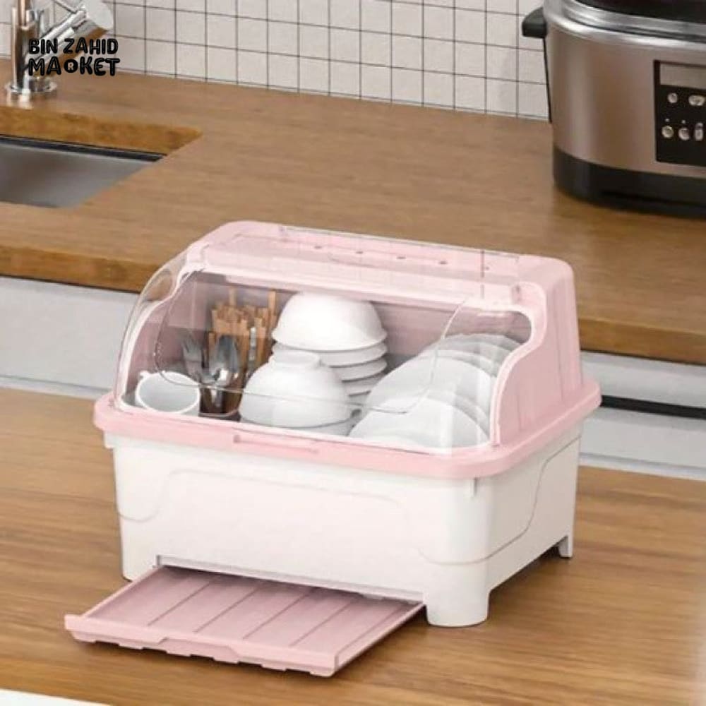 PREMIUM MULTI-FUNCTIONAL DUSTPROOF KITCHEN DISH STORAGE BOX WITH LID - PINK WHITE