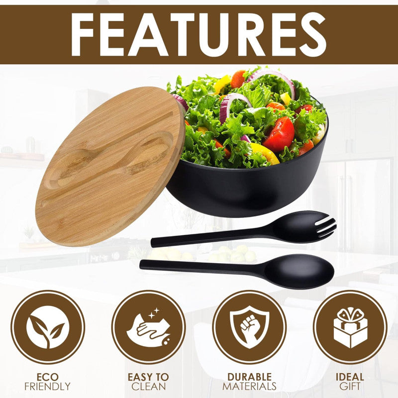 BAMBOO FIBER SALAD BOWL SET WITH WOODEN LID & SERVERS