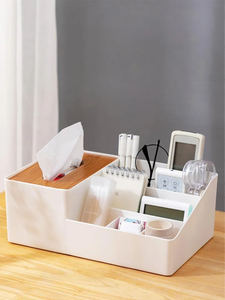 WOODEN TISSUE BOX WITH SHELVES