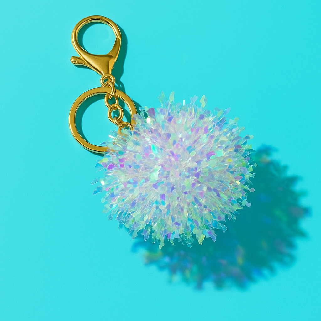 IRIDESCENT GLITTER POM POM KEYCHAIN – AESTHETIC BAG CHARM WITH METAL CLIP