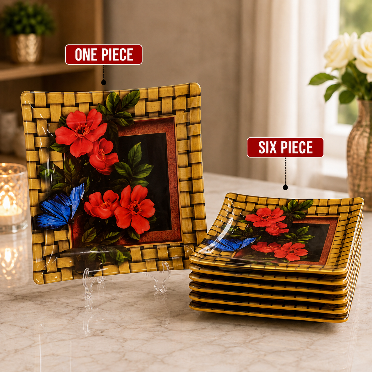 ARCOFAM 6 PCS SQUARE GLASS DESSERT PLATE SET – CREAM TARA