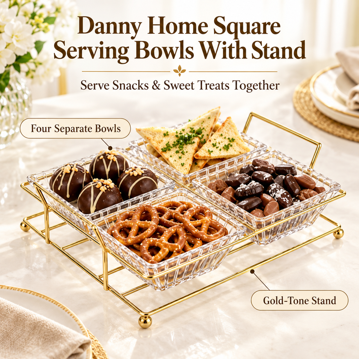 Danny Home Square Serving Bowls With Stand - 250 ml