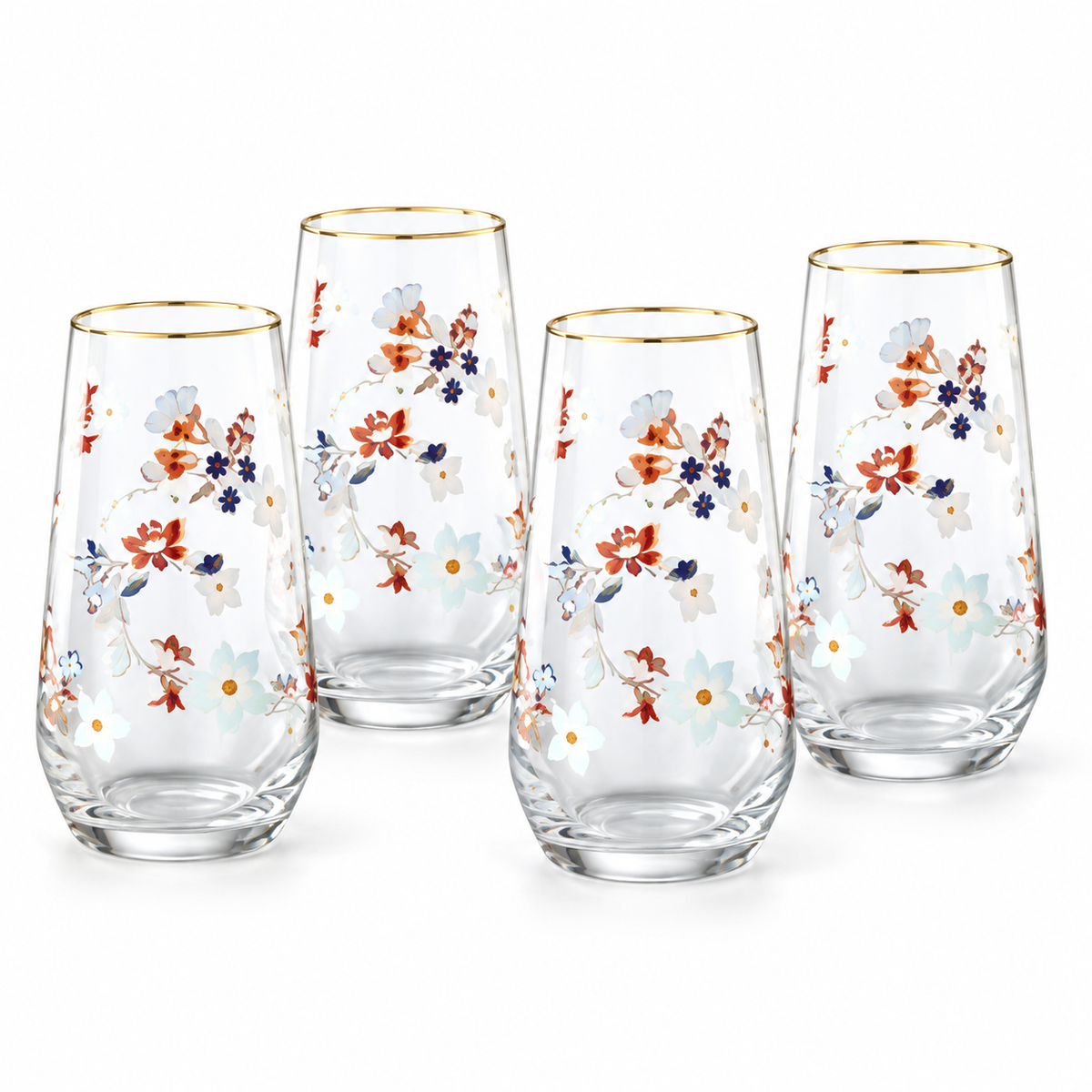 Danny Home 4 Piece Floral Gold Rim Glass Set - 560 ml