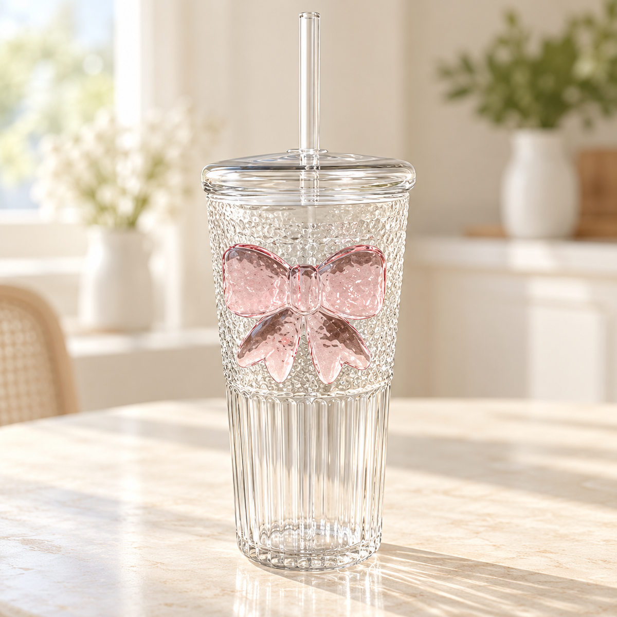 Glasslux Textured Bow Tumbler With Straw - 600 ml