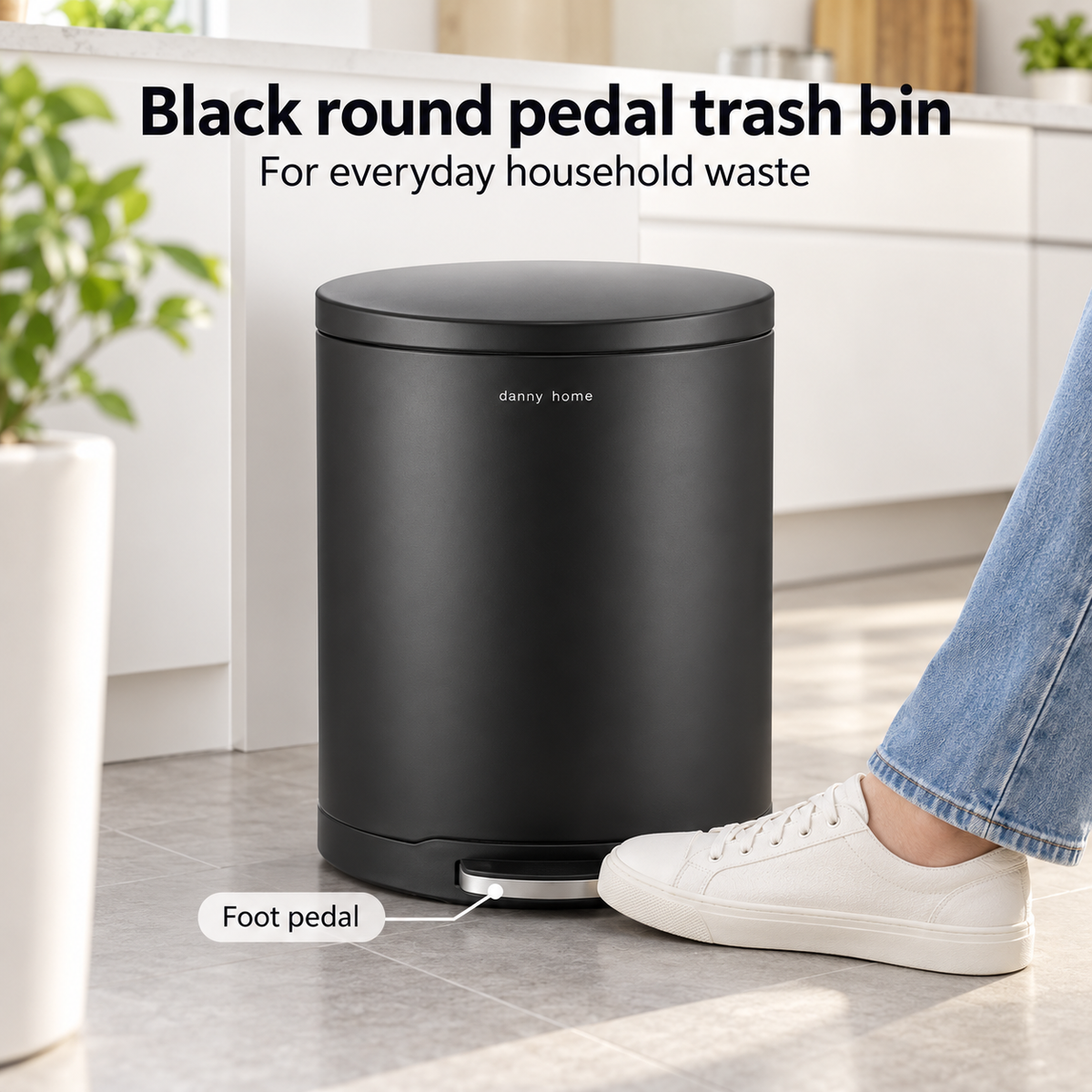 Danny Home Black Round Pedal Trash Bin