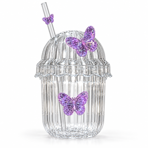 Glasslux Ribbed Butterfly Dome Cup With Straw - Purple / 400 ml