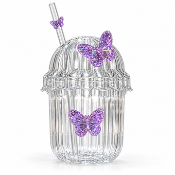 Glasslux Ribbed Butterfly Dome Cup With Straw - Purple / 400 ml