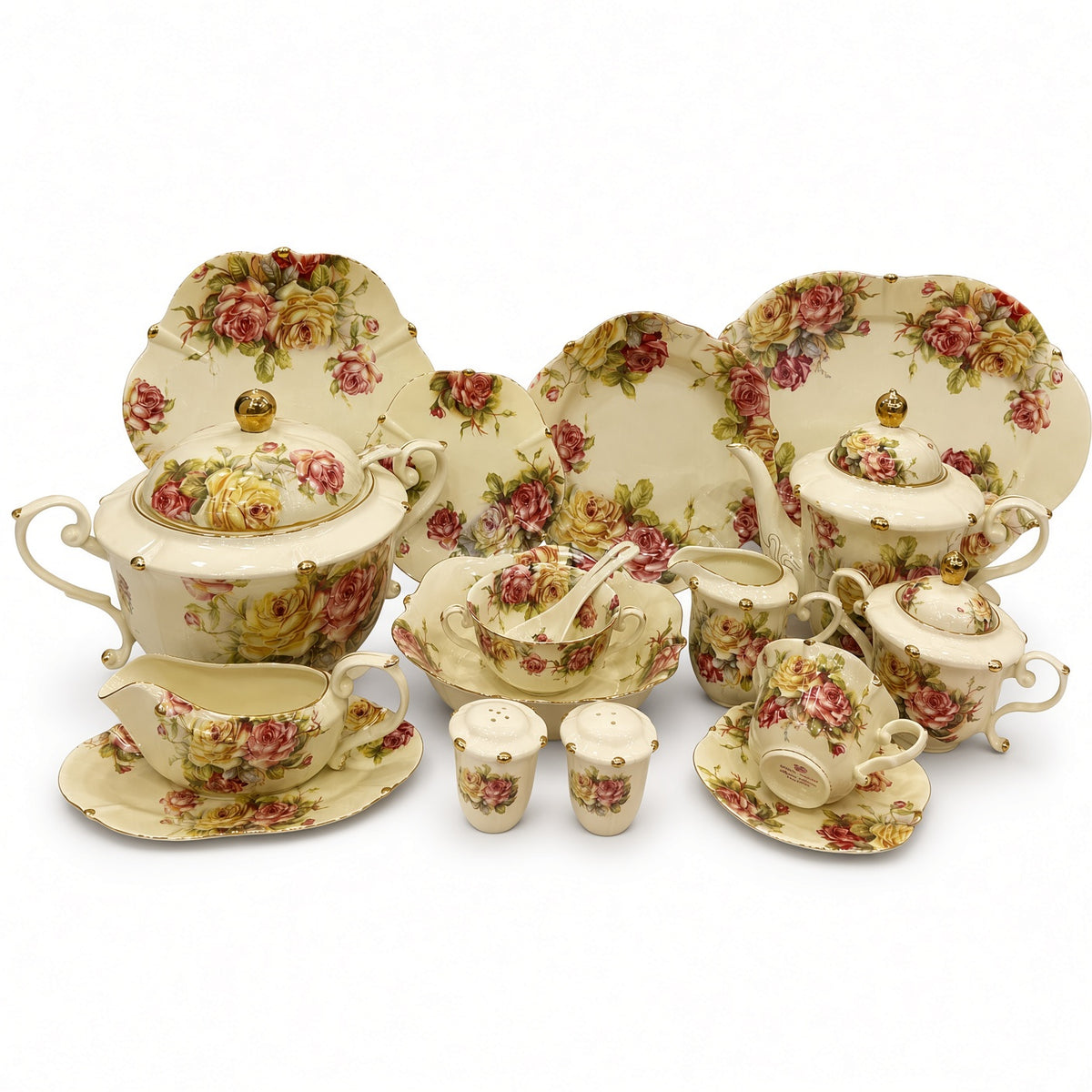 Royal Albert Inspired Pink Yellow Rose Floral Patterns 75 Pieces 8 Person Serving Dinner Set