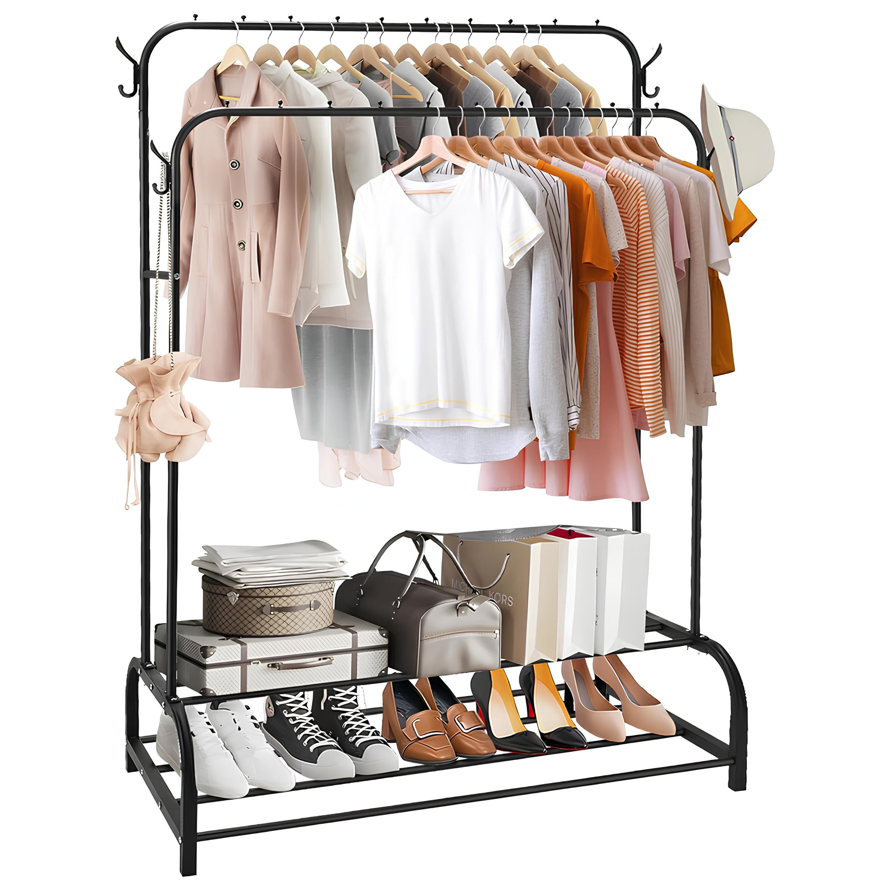 Dual Pole Metal Clothes Stand by Matrix (C) – With Dual Shoe Tiers & Side Hooks