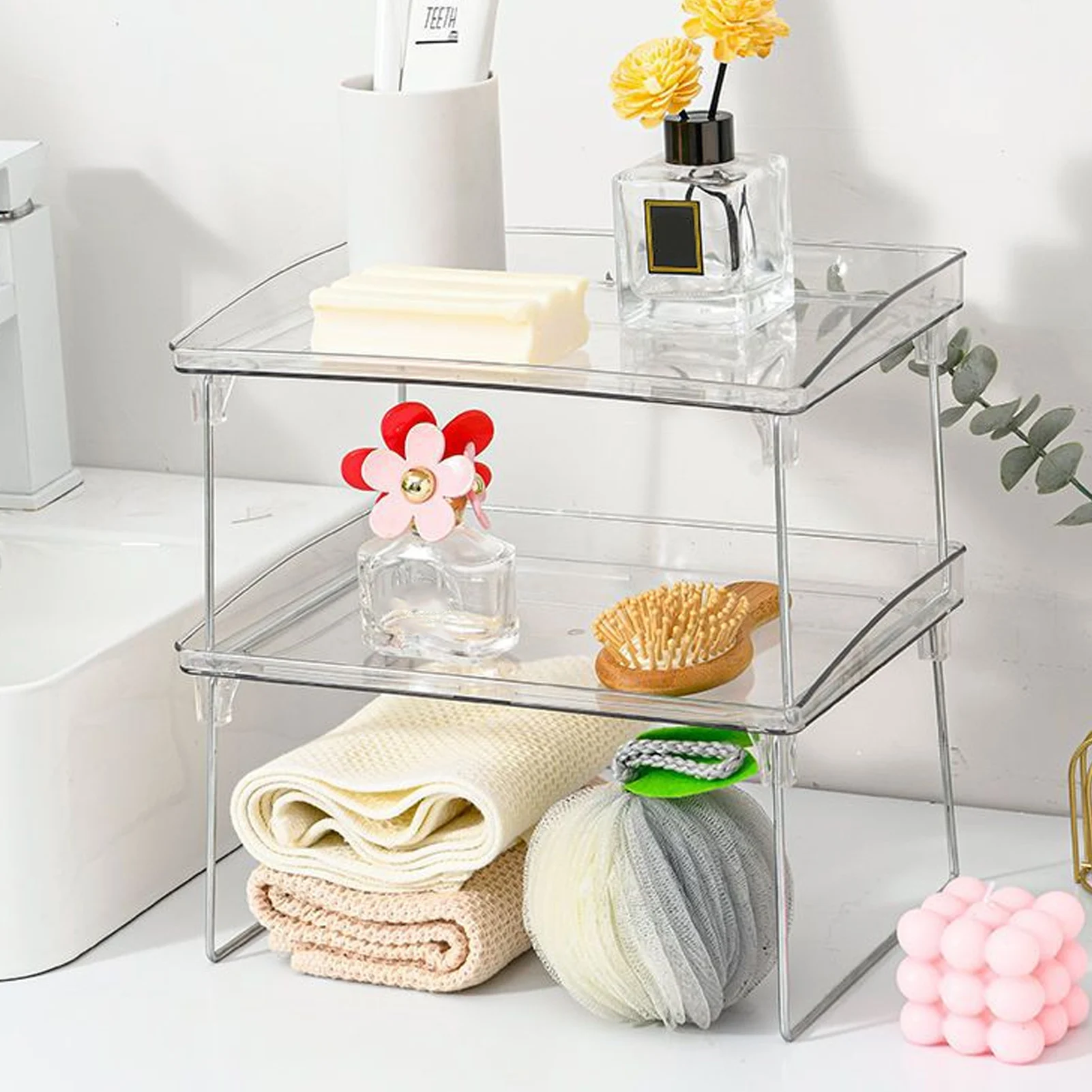 STACKABLE CLEAR PLASTIC STORAGE RACK FOR MAKEUP KITCHEN  AND STATIONERY