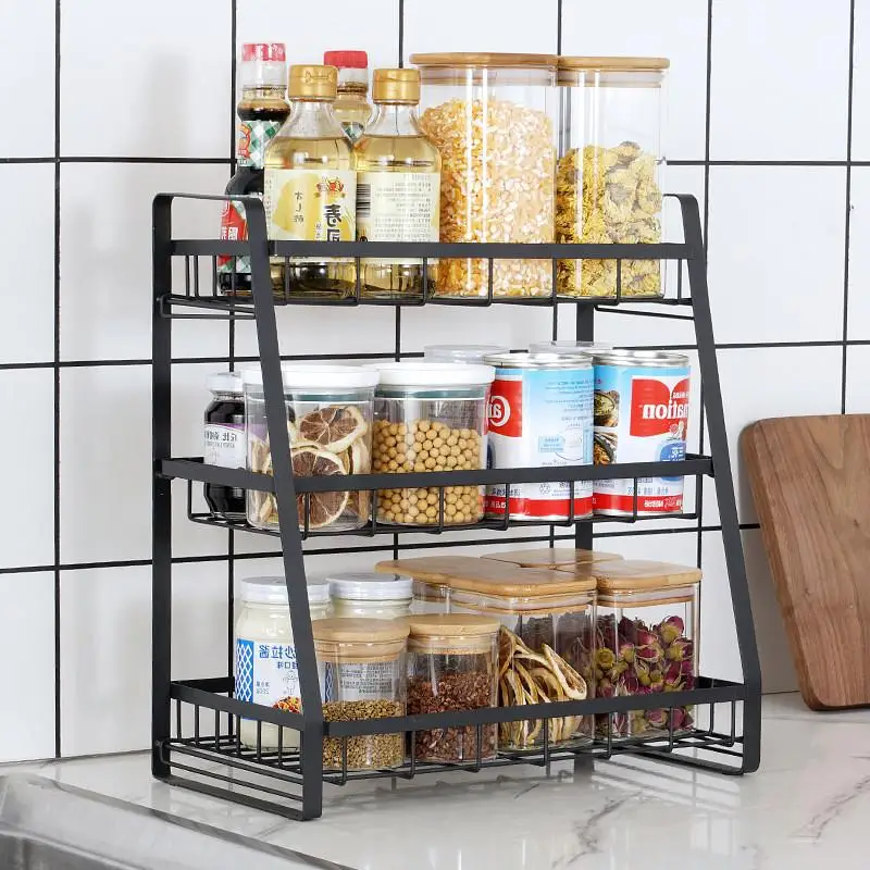 3 TIER SPICE RACK KITCHEN STORAGE SHELF METAL WITH GUARDRAIL