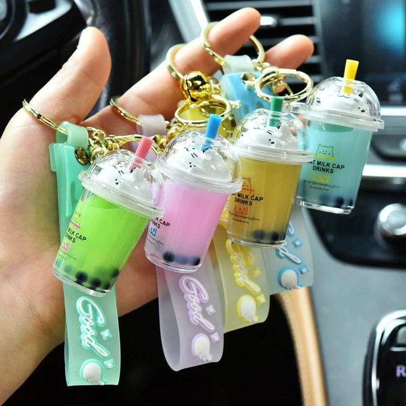 Bubble Tea Bear Keychain with Floating Oil – Cute Backpack Pendant