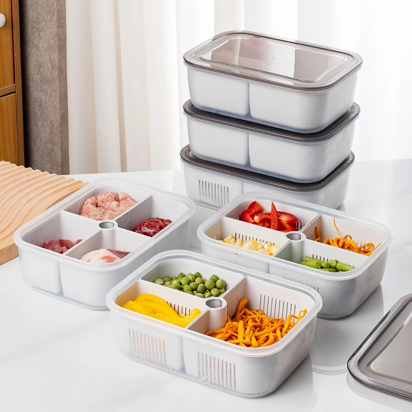 FRIDGE ORGANIZER, DIVIDED VEGETABLE & MEAT BOX, FOOD-GRADE, MICROWAVEABLE.