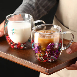 DRIED FLOWER DOUBLE WALL GLASS MUG - 350ML