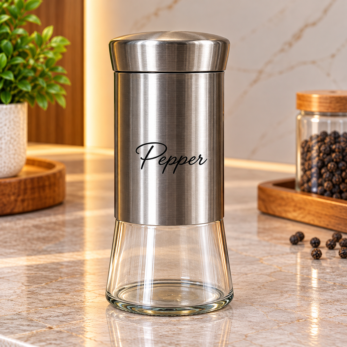 STAINLESS STEEL & GLASS PEPPER STORAGE JAR