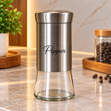 STAINLESS STEEL & GLASS PEPPER STORAGE JAR