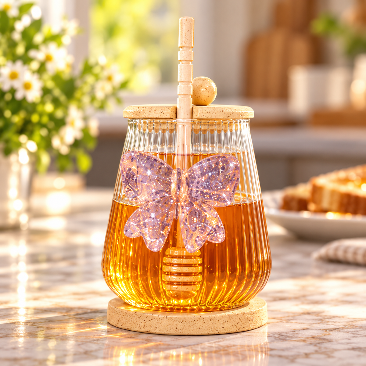 Glasslux Ribbed Glass Honey Jar With Wooden Honey Dipper & Lid - 500 ml