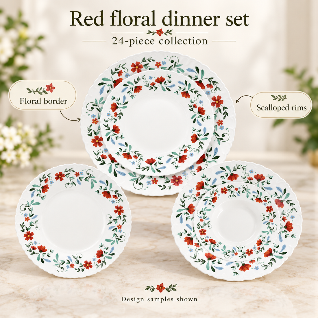 Danny Home 24-Piece Red Floral Dinner Set